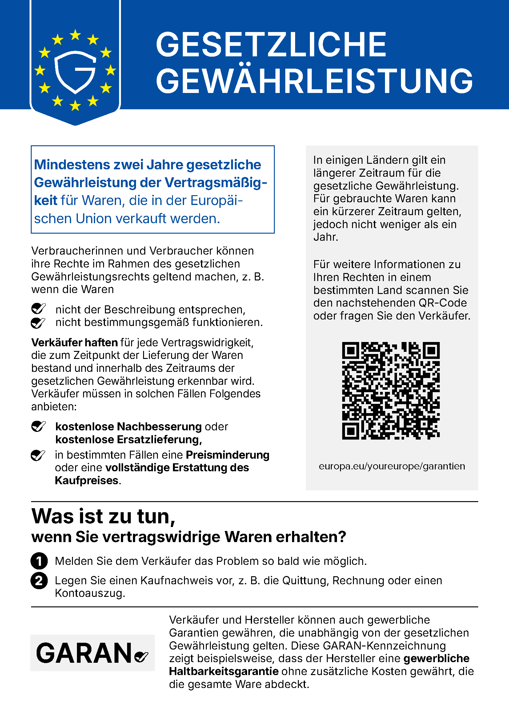 EU-Hinweis: Gesetzliche Gewährleistung – mindestens zwei Jahre Gewährleistung der Vertragsmäßigkeit für Waren, die in der EU verkauft werden.